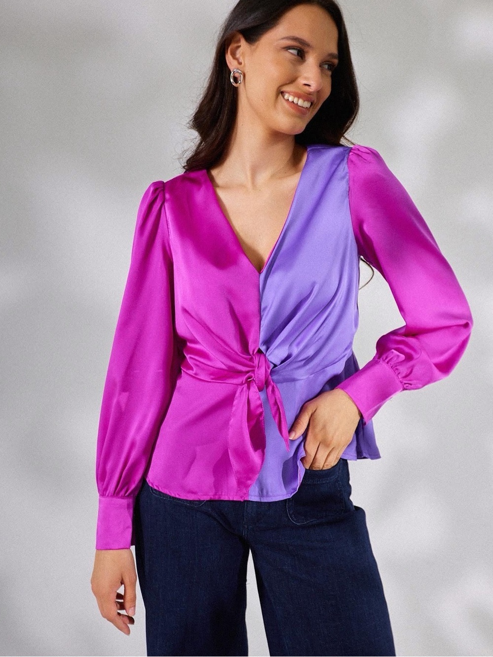 She + Sky Two-Tone Satin Wrap Blouse in Magenta & Lilac
